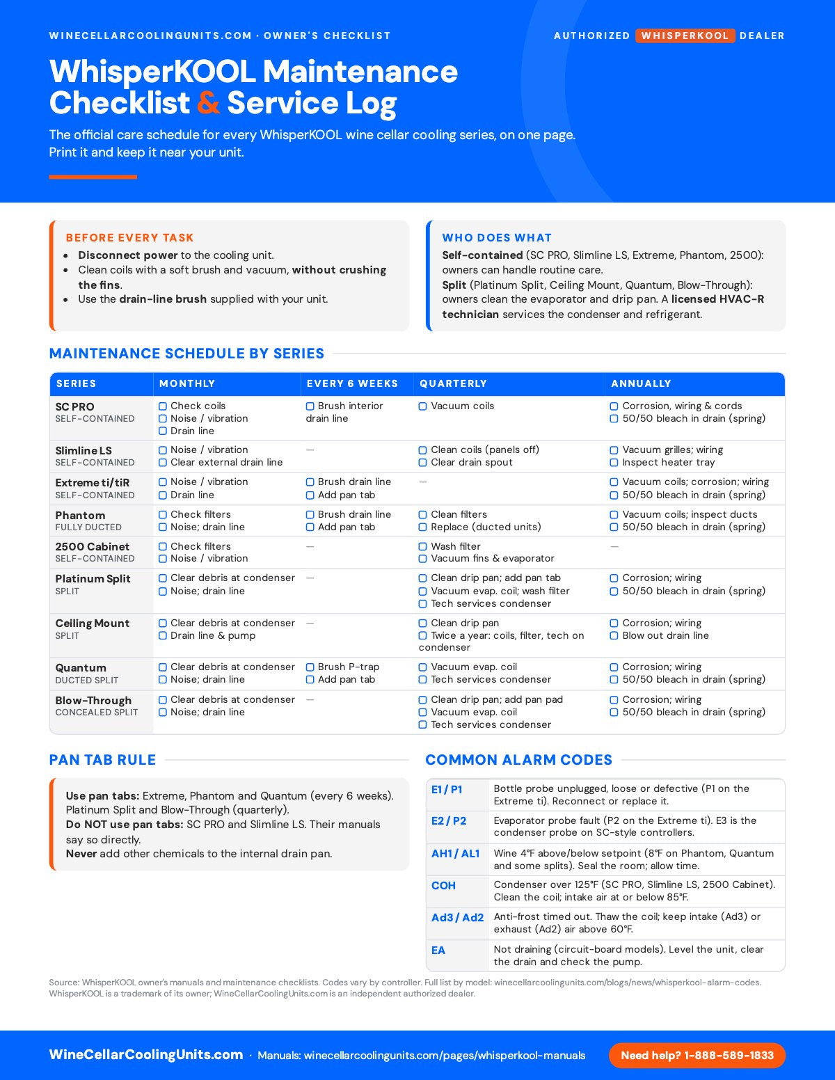 WhisperKOOL Maintenance Checklist & Service Log printable PDF cover