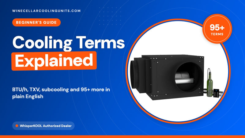 Wine cellar cooling glossary cover: 95+ terms explained, with a WhisperKOOL Quantum unit